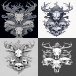 **skull tattoo design of an animal skull with deer antlers. the top half features a large, fantasy ghostly demon head and neck, with flowing hair and horns on its forehead. the lower part features two skulls facing each other in front of it. in the style of black ink drawing, tattoo art, and high-contrast shading. it has elements of magical swirls around them, as well as fantasy, dark, mysterious, and ominous themes. a beautiful and detailed tattoo sketch. --ar 9:16** - <@1038926751054696569> (fast)
-# Create, explore, and organize on [midjourney.com](<https://midjourney.com/imagine?from_discord=1>)