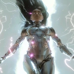 **<https://s.mj.run/YaQlSNDfcaA> a futuristic woman floating high in the air, full body visible from head to toe including stomach and thighs, seen from below as she ascends upward like a divine being, head tilted slightly up toward the light, wearing a sleek metallic chrome biomechanical bodysuit with visible joints, cables, and glowing circuits, elegant feminine curves, keeping the exact same human face, hair, and hairstyle as the reference image, eyes glowing pure white like laser light without pupils, surrounded by a storm of bright electric lightning bolts and radiant energy, pure white background glowing with divine light reflections, cinematic lighting, ultra realistic 8k, wide angle shot composition --cref <https://s.mj.run/YaQlSNDfcaA> --v 6.0 --iw 2 --cw 10 --raw** - Image #1 <@1277955868452851795>