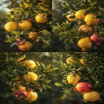 **Ultra realistic DSLR close-up photograph of a lemon tree branch with glossy elongated green leaves and whole bright yellow lemons, growing closely beside a pomegranate tree branch with dark green narrow leaves and several whole round red pomegranates with crown-like calyx tips, both fruits naturally overlapping in the same frame as if the trees grew side by side, natural outdoor lighting, soft golden hour sunlight, organic fruit textures with natural imperfections, hyper-detailed, 8k --ar 2:3 --v 6.0 --raw** - Variations (Strong) by <@1068890344428675213> (fast)
-# Create, explore, and organize on [midjourney.com](<https://midjourney.com/imagine?from_discord=1>)