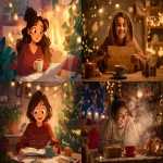 **A cozy, festive scene showing a person looking into an Advent calendar on December 1st, with a joyful anticipation for Christmas. The person is smiling, surrounded by warm holiday decorations, soft twinkling lights, and a cozy atmosphere. On the table in front of them is a steaming cup of tea, adding to the cozy, Christmas mood. Warm colors, soft lighting, detailed and heartwarming, cinematic style. --ar 4:3** - <@1350154422424043543> (fast)