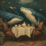 **vintage christmas dinner between vintage whales. Simple scene, underwater --s 750** - Image #4 <@1278337234642276372>