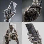 **mobile phone, straight on, held by a semi-transparent robot hand made of coding lines --v 7.0** - <@1048326817838280714> (fast, stealth)