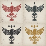 **In a Dungeons and Dragons art style, create four different yet simple versions of a noble house&#039;s sigil. The design should be simple. Its major element is a hawk&#039;s wings spread wide and eyes vigilant and looking forward. Its minor elements are a plant in one talon and a blacksmith&#039;s hammer in the other talon. All different versions, as if made in medieval times with medieval-level tools, each made of different materials, such as stone, iron, wood, and paint. They should all be simple designs using a single material. They should be worn. They should be on a white background. --v 7.0** - Image #4 &lt;@478047972412620803&gt;