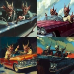 **two demons sitting in a 1960's Cadillac convertible, side view, their heads are turned towards the viewer and the demon in the passenger seat is motioning the viewer to get in the car, they have mischevious grins on their faces --ar 5:4** - <@809065670557564979> (fast)