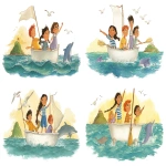 **Four children sailing in white porcelain claw-foot bathtub across sparkling turquoise ocean, brave girl with dark braids in blue-white striped sailor shirt standing at front pointing forward like captain, red-haired boy in yellow shirt cheering behind her, boy with glasses in plaid shirt gripping side nervously, small girl in lavender dress sitting calmly at back, broomstick mast with white bedsheet sail billowing, three friendly dolphins jumping alongside, mysterious green island on horizon, golden magical sunlight, seagulls flying, epic adventure feeling, space at top for title, children's book illustration, warm gouache watercolor style --ar 16:9 --sref <https://s.mj.run/uRIK8rCi9q0> <https://s.mj.run/YyOg0evK7pM> <https://s.mj.run/QZNJLtToBtg> <https://s.mj.run/ARU9zFYFx4I> <https://s.mj.run/jwrr1p4sorI> <https://s.mj.run/j-HQEEMFcCM> --profile 7qaplzu --oref <https://s.mj.run/jwrr1p4sorI> --ow 425 --stylize 50** - <@409716268476923920> (fast)