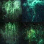 **Abstract cosmic fog dissolving into cascading green digital rain, nebula gases merging with Matrix code streams, dark black void with electric green and cyan bioluminescent particles, ethereal mist tendrils catching phosphorescent light, cyberpunk atmosphere, center composition with negative space --ar 1:1 --v 6.1 --s 200 --c 15** - <@342522367383306242> (fast)