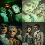 **<https://s.mj.run/iOochzqrgsM> <https://s.mj.run/wS8RZ66Avuw> Digital photograph, young women and men at a strange party, green tones, blue tones, wood grain, Bals des Victimes, Reign of Terror, post revolution, Directory period, Paris 1796, Guillotined Relatives, Digital photograph, Red Ribbon/String Choker, green tones, blue tones, wood grain, Coiffure à la Titus, Mourning Clothes, Decadence & Hedonism, Macabre Salutation, Royalist/Political Gatherings. --iw 0.2 --ar 4:5 --chaos 18 --v 7.0** - <@988364629556199494> (fast)