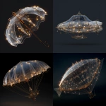 **A transparent steampunk airship with numerous small lights inside, in the shape of an parabolic parasol, decorated with gold wire and white glass material, against a dark background, with a 3D rendering effect. --s 50** - <@384539369404629002> (fast)