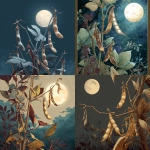 **A bean plant growing in a moonlit garden. There are dried pods on the plant. One is split open and is empty. There is a full moon rising over head. This is for the cover of a seed packet --v 7.0** - <@1240392312559898636> (fast)
