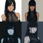 **A ghost-white skinned aasimar with neat, long jet black hair and bangs. She has subtle black freckles on her face and piercing bright blue eyes. She carries herself with a refined, elite air but she has kindness and warmth on her face. She is wearing all-black leather tank top that goes all the way up her neck with a lace pattern etched into the leather. She is a cleric of the the grave. Do this in the style of dungeons and dragons illustration portraiture.** - <@878478340170866709> (fast)