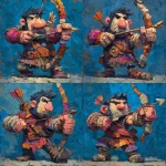 **<https://s.mj.run/Fmbb-lGyjZA> cartoon archer character, exaggerated proportions, oversized bow and arrows, dynamic aiming pose, ultra-thick oil paint brush strokes, heavy impasto texture, expressive painterly style, vivid colors, visible paint smears and ridges, bold and rough strokes, dramatic lighting, stylized character design, oil painting on canvas, concept art --v 7.0** - Variations (Strong) by <@843005989737201707> (fast)