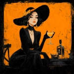 **glamorous cocktail bar witch resembling Elvira hands you a Halloween frog-spawn cocktail from a bottle with a Jolly Roger it --sref 1662338142 238810998 704438408 --v 7.0 --sw 40 --s 500** - Image #4 <@1331323280208171080>