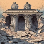 **Include visible shattered inscription reading ‘Voting Rights’, crumbling statues of blindfolded justice above, fractured pillars exposing dark interior, rubble shaped like fragments of an old style document like the U.S. Constitution, editorial-style cartoon, halftone print texture, subtle tan background wash, inspired by Matt Wuerker. --ar 9:16 --v 7.0** - Upscaled by <@925081513199017995> (fast)