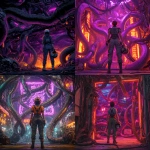 **cyberpunk mechanical snake den with writhing hissing chrome snakes, neon purple and orange theme. cyberpunk woman standing in foreground with back to camera, holding a pilot helme** - <@820024234734518302> (fast)