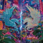**<https://s.mj.run/mvmEvtmH-sU> A comic book-style collage featuring two symmetrical horses guarding a door to a new world. An urban pop art poster. Holographic icon relics glow with kawaii energy, prismatic cores, and the glow of kinetic emotion. Set in a hybrid cityscape that blends Shibuya Crossing and Seoul's Hongdae Street, holographic neon signs, clouds of graffiti ribbons, sticker bomb icon clusters, and kinetic advertising orbs cross reflective glass. A gorgeous, decorative door appears in the vast landscape, ushering you into a dream world where sea creatures coexist with humans. A fractal, psychedelic fantasy in the Animatrix Zentangle illustration style. From the moment an invisible key unlocks the door, dazzling rays of light scatter in holographic light. Complex geometric shapes, a glowing forest entrance, and a futuristic, psychedelic journey. Vibrant holographic VFX, ultraviolet glow, aurora flare, lilac neon haze, and prismatic reflections. surreal.urban.pop.art × avant-garde.poster × hyperdetailed × optical neon illusion × holographic magazine cover × rhythm visual installation chaos 90 --ar 5:7 --stylize 1000 --exp 100 --v 7.0 --p tmvzwwh --raw** - Image #1 <@1039020526447894558>