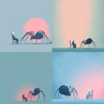 **a giant black spider is sitting on the floor next to an old woman with white hair, seated in front of her chair. the background color scheme includes light blue and pink gradient tones, creating a minimalist composition. in the style of surreal illustration, the overall atmosphere conveys a sense of calmness.** - <@1282363709964025901> (fast)