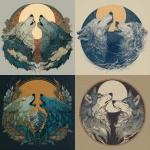 **a tatoo illustration of two wolves facing each other and a moon glowing behind it.** - <@696891766850322503> (fast)