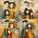 **whimsical photorealistic illustration of a fathers d mother with their girl and boy, father has black hair and a moustache, he’s wearing glasses, mother has curly blonde hair and she’s wearing glasses girl has dark brown hair and she’s wearing glasses, son has brown hair and is a little older and taller than the young girl --v 7.0 --p b3kgthr --s 750** - <@520759084903956481> (fast)
