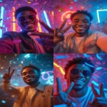 **Portrait of smiling male person doing selfie photo on neon lamps background. Closeup afro man showing victory sign under confetti in slow motion. African american man making photos at night club party, no logos, no brands --ar 3:4** - <@1134564384883093594> (71%) (relaxed)