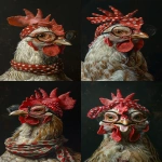 **A detailed oil painting depicting a chicken wearing a red polka dot headband and large glasses, with its tongue sticking out, against a black background, in the style of a detailed oil painting. --ar 4:7 --v 6.0 --s 250** - <@756269320539209761> (fast)