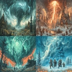 **geomagnetic storm in an apocalyptic tolkienesque world, human, elves, gnomes, and dwarfs can be seen running about in panic --ar 16:9 --p rp5dxji --v 7.0** - <@480446086046154782> (fast)
