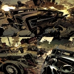 **realistic graphic novel illustration, 1920s prohibition era, wide theatrical daytime shot of an entire street as a battlefield, multiple gangster silhouettes engaged in a gunfight, men in dark suits taking cover behind vintage cars and brick walls, daylight scene with overcast sky, natural diffused light, gunfire flashes visible in daylight, dust and smoke filling the air, civilians fleeing in the background, one body lying on the ground suggested in shadow, violence shown as public and unavoidable, tragic distant tone, no heroic focus, warm muted color palette, dusty browns, faded gold, dirty beige, adult realistic archer-inspired graphic novel style, painterly composition, frozen moment of chaos, grainy film texture, cinematic distance, --ar 9:16 --v 6.0 --sref <https://s.mj.run/Zdn2IhGsQkM> --raw** - <@722459746162049074> (fast)
-# Create, explore, and organize on [midjourney.com](<https://midjourney.com/imagine?from_discord=1>)