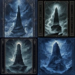 **A foreboding gothic tower on a jagged cliff beneath a stormy sky, its dark stone walls etched with glowing runes and arcane symbols. Jagged lightning bolts crack the sky, casting stark shadows and pale beams of light. Swirling dark clouds and mist surround the sharp, imposing silhouette of the tower. Rich blacks, deep blues, and cold grays dominate. Mysterious, heavy atmosphere balanced with faint hope. Symmetrical, vertical tarot card layout framed by an ornate gothic-style border.** - <@189255832385486848> (fast)