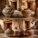 **ancient New Mexico pottery olla with stylized lizard procession band (gecko-like silhouettes, non-sacred, geometric, thin-line), black-on-white, weathered matte slip, small chips; near a tan adobe doorway with wooden lintel, soft late sun, watercolor granulation, in the style of E. H. Shepard, 1910 respectful, non-sacred motifs, not a museum label --ar 4:5 --stylize 300 --chaos 4 --no glossy glaze, no text, no logos --raw** - <@1081749564803010630> (fast)