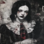 **eerie painting with a color scheme of monochromatic black and white with a pop of Color. The painting uses cross-hatching and palette knife techniques, inspired by analog horror, grunge Polaroids, ukiyo-e and retro Japanese horror. The mood is mysterious and unsettling --exp 50 --p djcuvnt --ar 4:5 --v 7.0** - Image #4 <@948741381743083580>