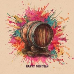 **I want to make a poster for the first sale of the new year. Merry atmosphere, colorful color scheme, plain center of image, barrel of rum, and the words Happy New Year.** - Image #1 <@1316270398630793268>