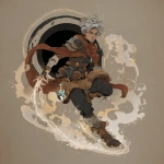 **fantasy art style. young air genasi misty stepping. He is a cleric with black hole iconography. he has bits of rogue gear mixed into his robes, such as a leather pauldron** - Image #1 <@784252075265490974>
