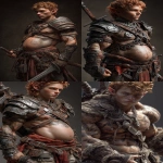 **Realistic 3d rendering. Epic battle scene. pregnant, Hyper muscular young elf with protruding stomach, handsome, tall, square jaw, short curly red hair, bright silver eyes, full bow-shaped bow-shaped, lips, defined muscles, vascular, freckles, pregnant belly, tattoos, square jaw, masculine features, handsome, short curly red hair, hyper oversized muscles, massive muscular arms, massive muscular biceps, massive muscular forearms, massive muscular legs, massive muscular thighs, massive muscular calves, hyper massive muscles, wearing leather armor, huge muscles, handsome, carrying large sword, running into battle. Realistic. --ar 9:16 --v 7.0** - <@1222981214734913607> (fast)
