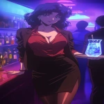 **Fuzzy 90s Anime screengrab, A night club filled with smoke and mirrors that reflect the single beauty standing back a bit walking forward, it's a woman in a business jacket and a long pencil skirt, dark brown stockings, she's carrying a tray with a large pitcher of ice that has glistening blueish square cubes inside and condensation down the glass, her hair midnight blue with purple tips and short cut hair ending around the shoulders, confident smile, narrow squinting blue eyes, pencil thin black eyebrows flat --ar 3:5 --niji 6** - Upscaled (Creative) by <@372629349565988865> (fast, stealth)
