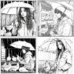 **a black and white colouring page for teenagers, clean outlines, a beautiful girl wearing a raincoat, holding an umbrella above her head,feeding the chicken in the chicken coop, dreamy romantic image, 8x8 inch, simplistic --v 6.0** - <@1096775278010835044> (fast)