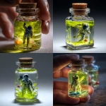 **Un tarro de cristal pequeño cerrado con corcho, lleno de un líquido verde pistacho luminiscente. Dentro, una astronauta con traje detallado presiona su mano contra el vidrio, creando ondas en el líquido, mientras una burbuja con forma de galaxia escapa de su casco. Este tarro está sumergido en un segundo tarro más grande, con líquido ámbar (tono marfil) y ciruelas granate flotando alrededor. A su vez, este segundo tarro está dentro de un tercer recipiente abierto, lleno de líquido azul translúcido (como agua de mar brillante). Estilo surrealista hiperrealista, iluminación dramática, texturas húmedas y reflejos cristalinos. Inspiración: Remedios Varo con toques de arte científico vintage (años 50). La escena sugiere aislamiento cósmico y memoria líquida.** - <@755517668227809280> (fast)
