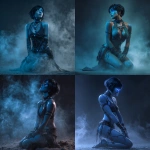 **full-body shot of a beautiful, blue-skinned woman with black short hair, wearing spider-like jewelry and , kneeling on the ground. smoke effects, fantasy art style, cinematic lighting, and a blue glow in her eyes create a captivating fantasy character art piece.** - <@450898678975168513> (fast)