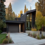 **front driveway view of a soft modern house with sloped metal roof --ar 16:9 --v 7.0** - Upscaled by <@409035117881982988> (fast)