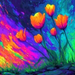 **lithograph of fiery tulips, with a turquoise background and vibrant red and magenta colors, featuring a textured appearance. --sref 2596106568 --s 750 --p 1w2ht95 --raw** - Image #1 <@754226842650542162>