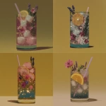 **cartoon illustration of a refreshing lavender gin and tonic on yellow background, featuring a tall clear glass filled with ice cubes, slice of orange, sprigs of rosemary, and purple flowers, with pastel lavender straw and pastel colors and white outline, high quality, detailed, sparkling effect. --p w12fvt6** - <@1287501836806393936> (relaxed, stealth)