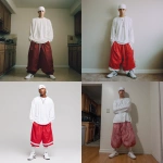 **A young handsome tan skinned teenage white man wearing a white Durag dressed in a Y2K Cholo gangster style, wearing a long sleeve white t shirt and extremely baggy, extra-long, 3XL plain long red and white Jordan basketball shorts. His shorts are very long and go down to his ankles and feet. He is wearing a white Durag around his head. He is wearing Nike Cortez shoes in his house** - <@1061360796438900746> (fast)