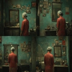 **Oil painting, moody lighting, prominent brush strokes, elderly grey haired Chinese woman dressed in a tattered and dirty red Qun Kwa wedding dress, Zhang Xiaogang's style, Painting on wall, family photographs, gazing into a dirty mirror in a dingy apartment, by Zhang Jingna, , melancholic atmosphere, tattered robot companion, laptop computer --ar 5:4 --v 7.0 --no star wars characters --chaos 5** - Variations (Strong) by <@988364629556199494> (fast)