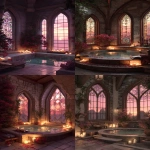 **a fantasy medieval bathroom with large stained glass windows, stone walls, and an in-ground jacuzzi surrounded by candles and flowers. a pink sunset can be seen outside, realistic. --v 7.0 --ar 9:16** - <@493856209669980164> (fast)