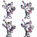 **Super playful baby zebra character, only head and neck, hysterically laughing with tilted head, tongue sticking out, goofy rainbow party hat, very round and soft features. No background. Created Using: digital kids cartoon style, thick outline drawing, pastel and vivid color mix, baby animal proportions, expressive open mouth pose, joyful mood --ar 1:1 --v 6.0** - Variations (Subtle) by <@1380326100856737813> (relaxed)