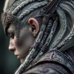 **close-up of a fantasy fierce Viking female warrior's intricate hairstyle with iridium adornments, --v 7.0** - Image #3 <@559099678189289495>