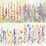 **A delicate watercolor painting of various pastel-colored wildflowers, including larkspur and violets, arranged in rows on the right side of an off-white background. The flowers have soft edges and subtle shading to give them depth. --ar 128:75 --v 6.0 --s 250** - <@756269320539209761> (fast)