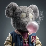 **A kaws style Teddy bear wearing a varsity jacket and blowing a bubble with chewing gum. The bear should also be wearing a chain necklace with a cross.** - Image #2 <@925555162267922472>