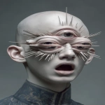**reconfigured face, out of place ear, rearranged face, mouth above eyes, nose on chin, surreal fluidity crisis, mangled facial features many eyes --ar 2:3 --raw --sref 1809924337 77 13 6 95 24 --p ajjw9qi --exp 50 --sv 4 --s 666 --v 7.0** - Image #2 <@788265797444173834>