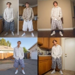**A young handsome tan skinned white man with light brown hair cut short in a wavy shaggy hairstyle dressed in a Y2K Cholo gangster style, wearing a long sleeve flannel button up white and tan shirt and extremely baggy, extra-long, 3XL plain long white and blue Jordan basketball shorts. His shorts are very long and go down to his ankles and feet. He is wearing Nike Cortez shoes standing in his house in the winter** - <@1061360796438900746> (fast)