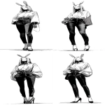 **A full-body black-and-white illustration in a vintage anime style. The person has long hair flowing down their back and is wearing an oversized shirt. Underneath, they are wearing tight dark-colored jeans and high heels. Their head is a rabbit robot. --ar 29:64 --v 7.0** - Variations (Strong) by <@852041915598635039> (fast)