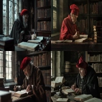 **a reinassance scholar with a red hat reding book on his desk, 15th century 15th century, editorial cinematic , detailed photography, muted colors, dutch angle, Hasselblad X1D --ar 16:9 --v 6.0** - <@1112759513444003931> (fast)